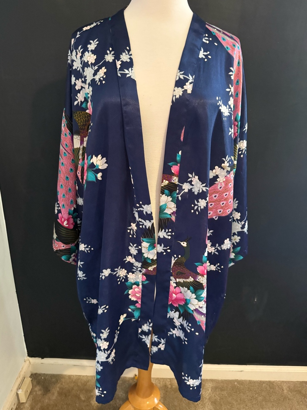 Silky Blue and Pink Floral Asian Inspired Peacock Kimono Medium / Large